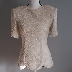 Beaded Short Sleeve 100% Silk Blouse Size 6